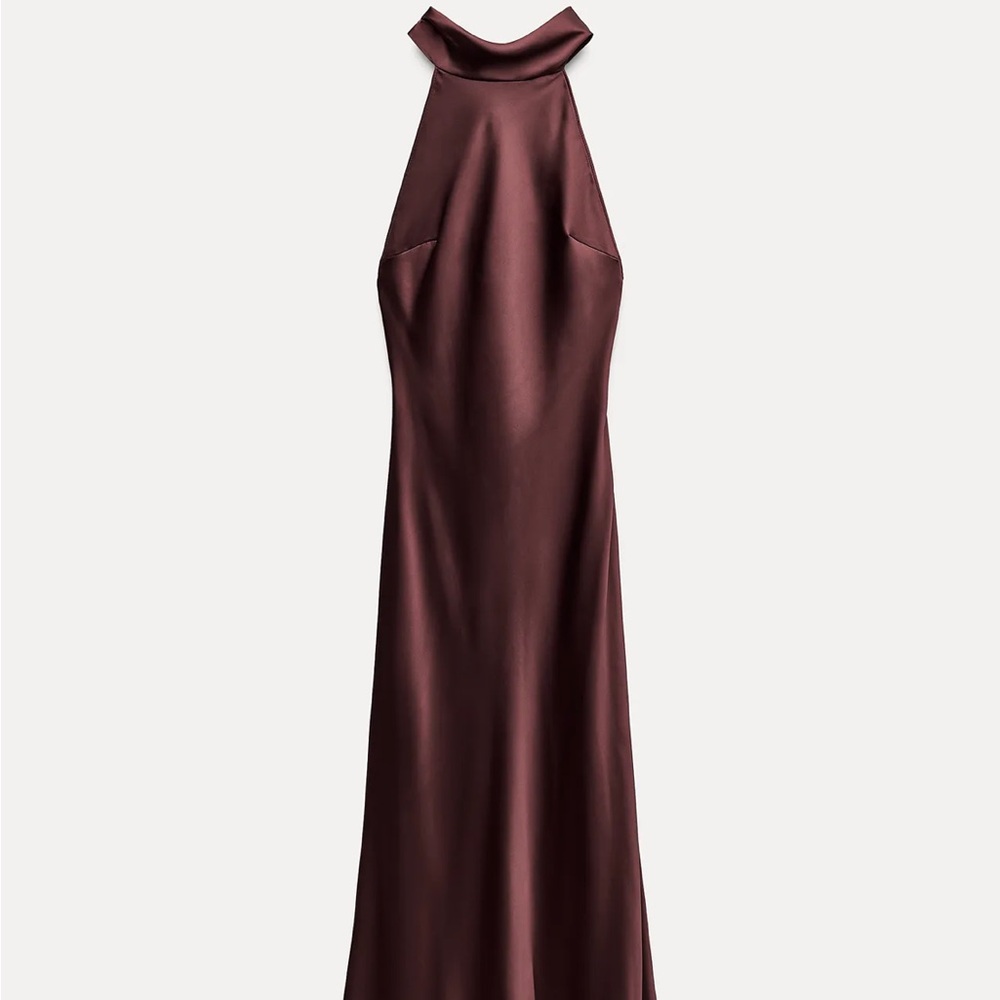 ZARA wine satin effect altered neck dress MEDIUM NWT